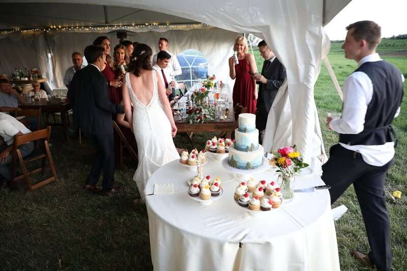 A wedding reception in a tent with guests mingling and a table featuring cupcakes and a wedding cake. It appears to be a wedding rental setup.