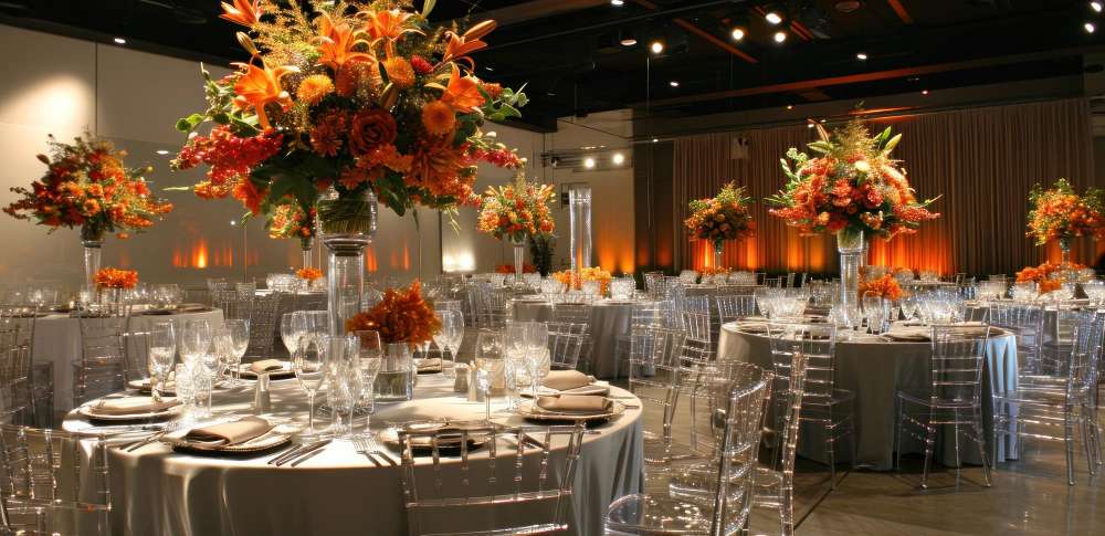 An elegant indoor event setup with round tables adorned with crystal-clear chairs, fine tableware, and large floral arrangements, ideal for formal occasions and indoor event rentals.