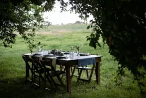 A beautifully set table for a small outdoor event, surrounded by trees, featuring elegant dinnerware and floral arrangements. This setup is ideal for small event planning rental.